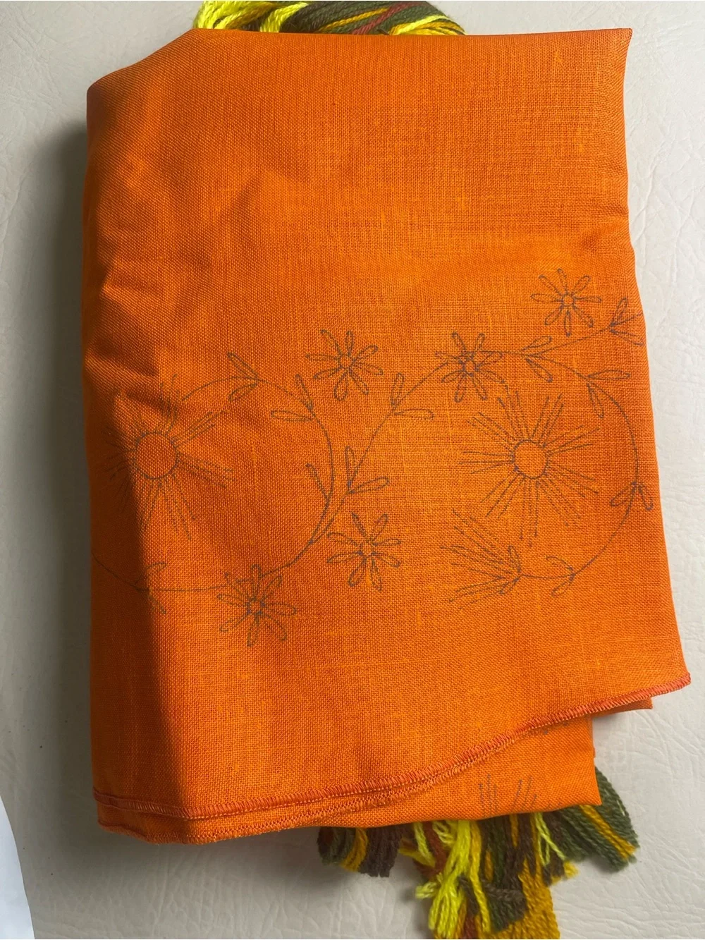 Vintage Crewel Embroidered Tablecloth kit burnt orange oval 50x69